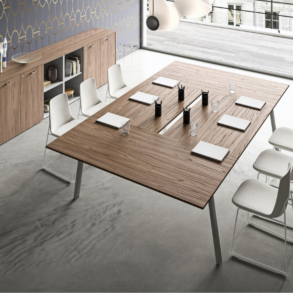 Tavolo riunione con piano in legno e coppia gambe a ponte L160 P166